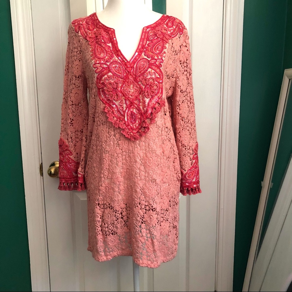 Calypso St. Barth’s tunic dress, peach/coral embroidered sequin & tassels S